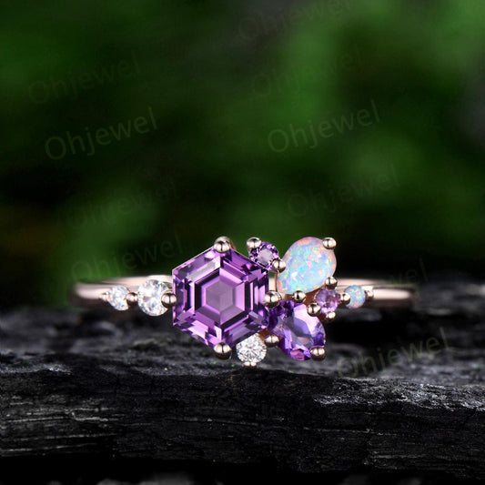 Hexagon cut purple amethyst ring rose gold cluster unique engagement ring opal multi stone ring silver delicate anniversary gift women