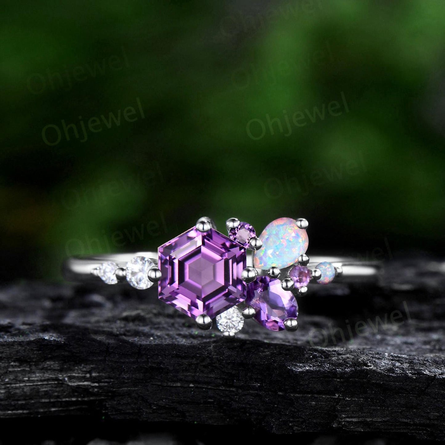 Hexagon cut purple amethyst ring rose gold cluster unique engagement ring opal multi stone ring silver delicate anniversary gift women