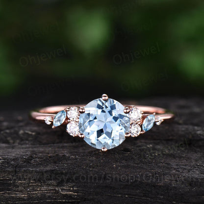 1ct round cut natural aquamarine ring white gold  cluster snowdrift unique engagement ring women 6 prong promise ring her jewelry