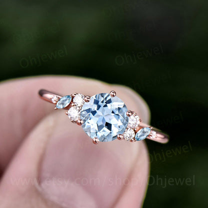 1ct round cut natural aquamarine ring white gold  cluster snowdrift unique engagement ring women 6 prong promise ring her jewelry