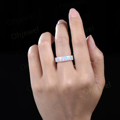 5mm White opal wedding band mens fire opal ring band anniversary gift for him her unique engagement ring women October birthstone ring