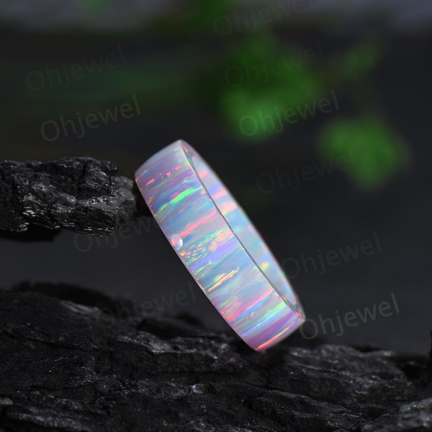 5mm White opal wedding band mens fire opal ring band anniversary gift for him her unique engagement ring women October birthstone ring