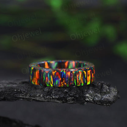 Vintage black fire opal wedding band mens full eternity dainty opal engagement ring women October birthstone anniversary gift for him her