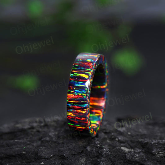 Vintage black fire opal wedding band mens full eternity dainty opal engagement ring women October birthstone anniversary gift for him her