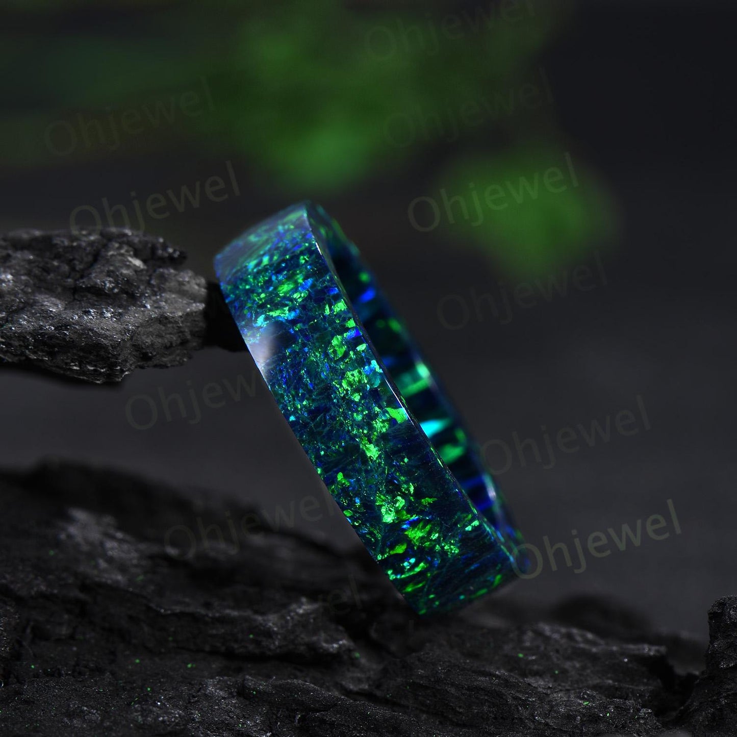 Vintage black opal wedding band mens full eternity dainty blue opal engagement ring women October birthstone anniversary gift for him her