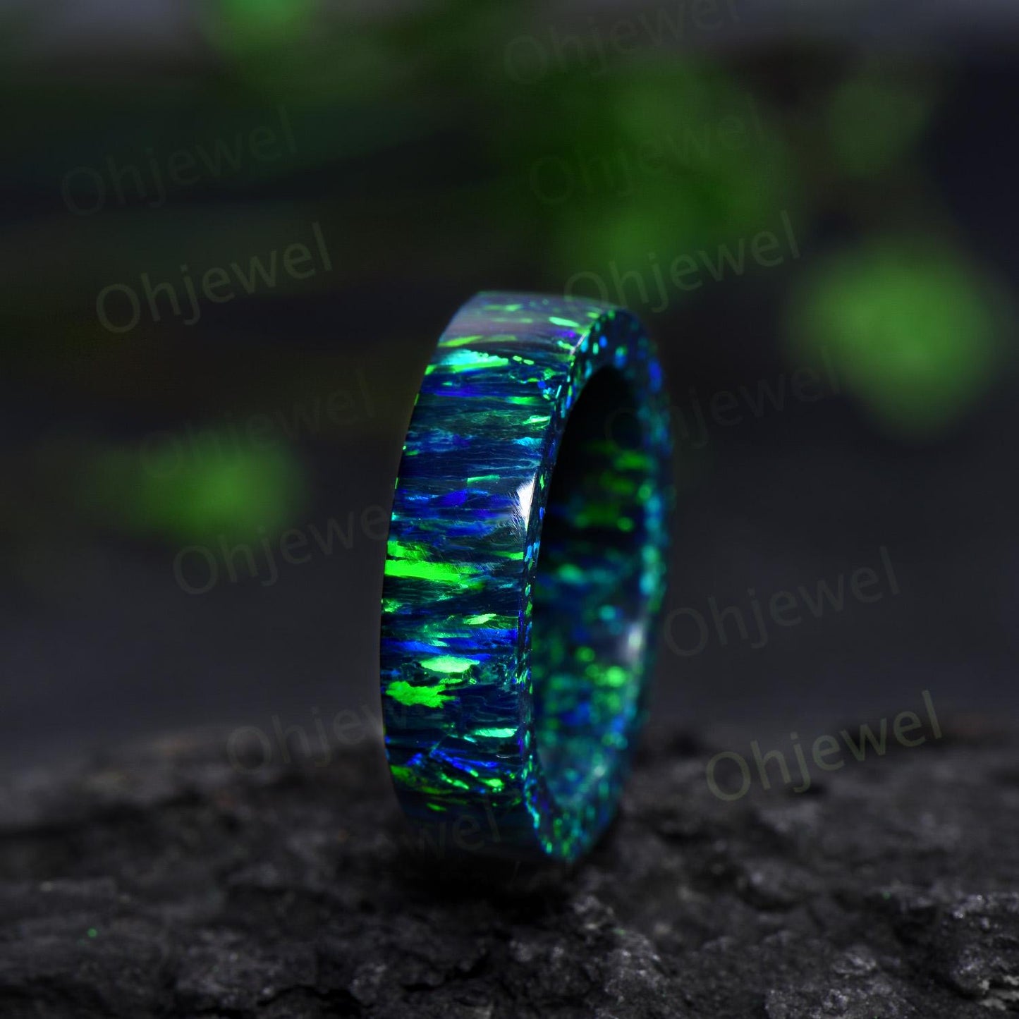 Vintage black opal wedding band mens full eternity dainty blue opal engagement ring women October birthstone anniversary gift for him her
