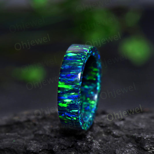 Vintage black opal wedding band mens full eternity dainty blue opal engagement ring women October birthstone anniversary gift for him her
