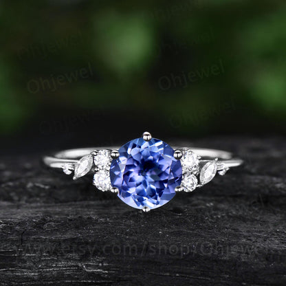 1ct round cut natural Tanzanite ring solid 18k rose gold cluster snowdrift unique engagement ring women diamond promise ring her jewelry