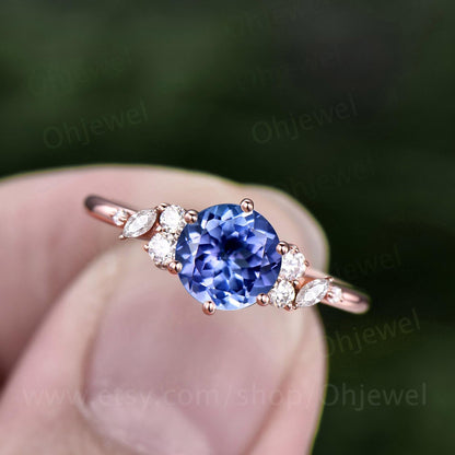 1ct round cut natural Tanzanite ring solid 18k rose gold cluster snowdrift unique engagement ring women diamond promise ring her jewelry