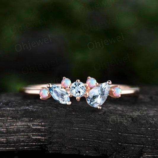 Pear Aquamarine ring 14k yellow gold snowdrift cluster opal wedding band dainty anniversary wedding ring gift for women jewelry