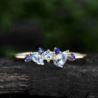 Pear Aquamarine ring 14k yellow gold snowdrift cluster tanzanite wedding band dainty anniversary wedding ring gift for women jewelry