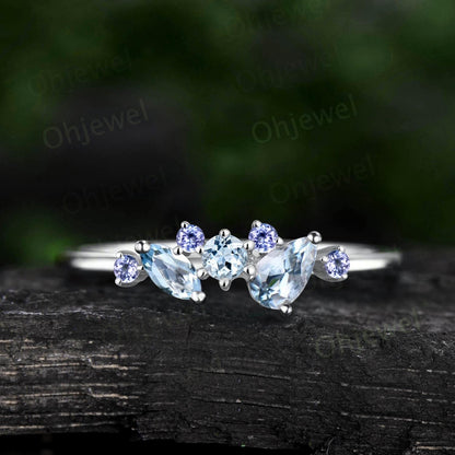 Pear Aquamarine ring 14k yellow gold snowdrift cluster opal wedding band dainty anniversary wedding ring gift for women jewelry