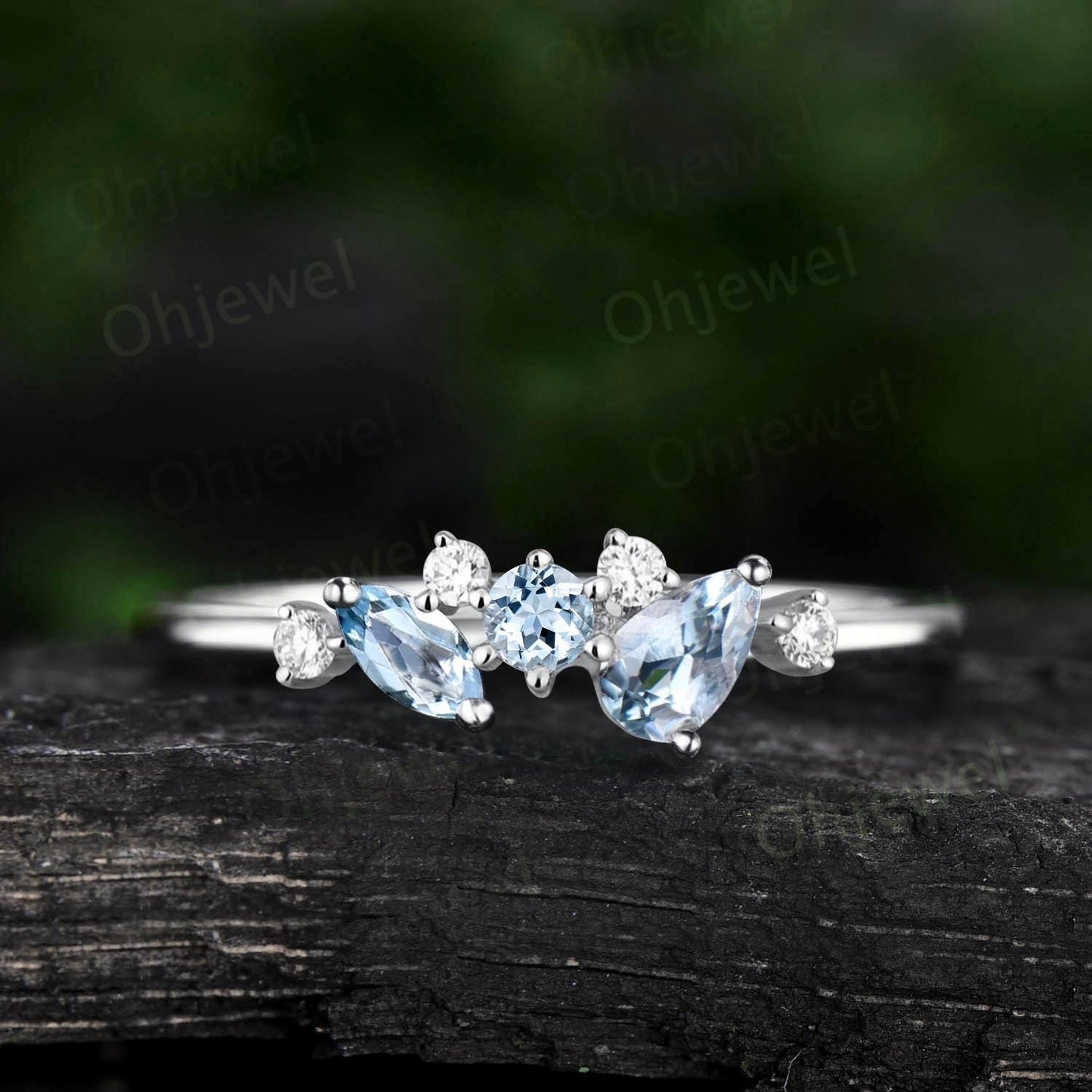 Pear Aquamarine ring 14k yellow gold snowdrift cluster opal wedding band dainty anniversary wedding ring gift for women jewelry