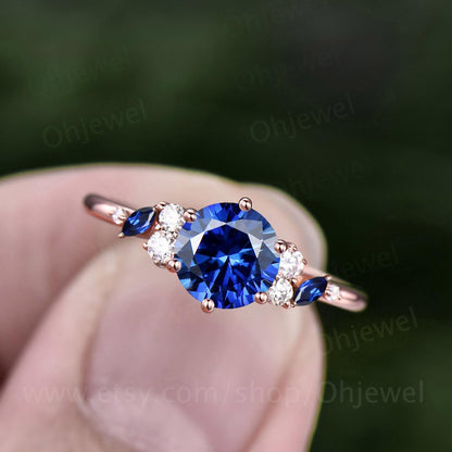Unique 1ct round cut blue sapphire engagement ring solid 14k white gold cluster snowdrift diamond promise ring women her wedding ring silver