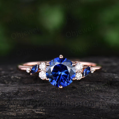 Unique 1ct round cut blue sapphire engagement ring solid 14k white gold cluster snowdrift diamond promise ring women her wedding ring silver
