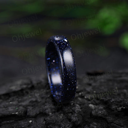 5mm Blue sandstone wedding band mens blue goldstone ring band anniversary gift for him her unique engagement ring women