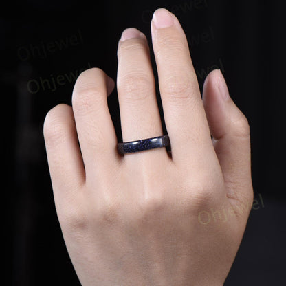 5mm Blue sandstone wedding band mens blue goldstone ring band anniversary gift for him her unique engagement ring women