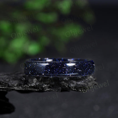 5mm Blue sandstone wedding band mens blue goldstone ring band anniversary gift for him her unique engagement ring women
