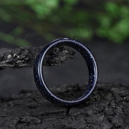 5mm Blue sandstone wedding band mens blue goldstone ring band anniversary gift for him her unique engagement ring women