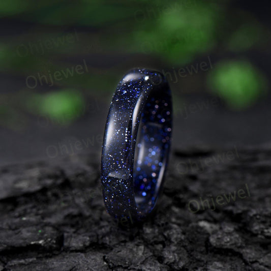 5mm Blue sandstone wedding band mens blue goldstone ring band anniversary gift for him her unique engagement ring women