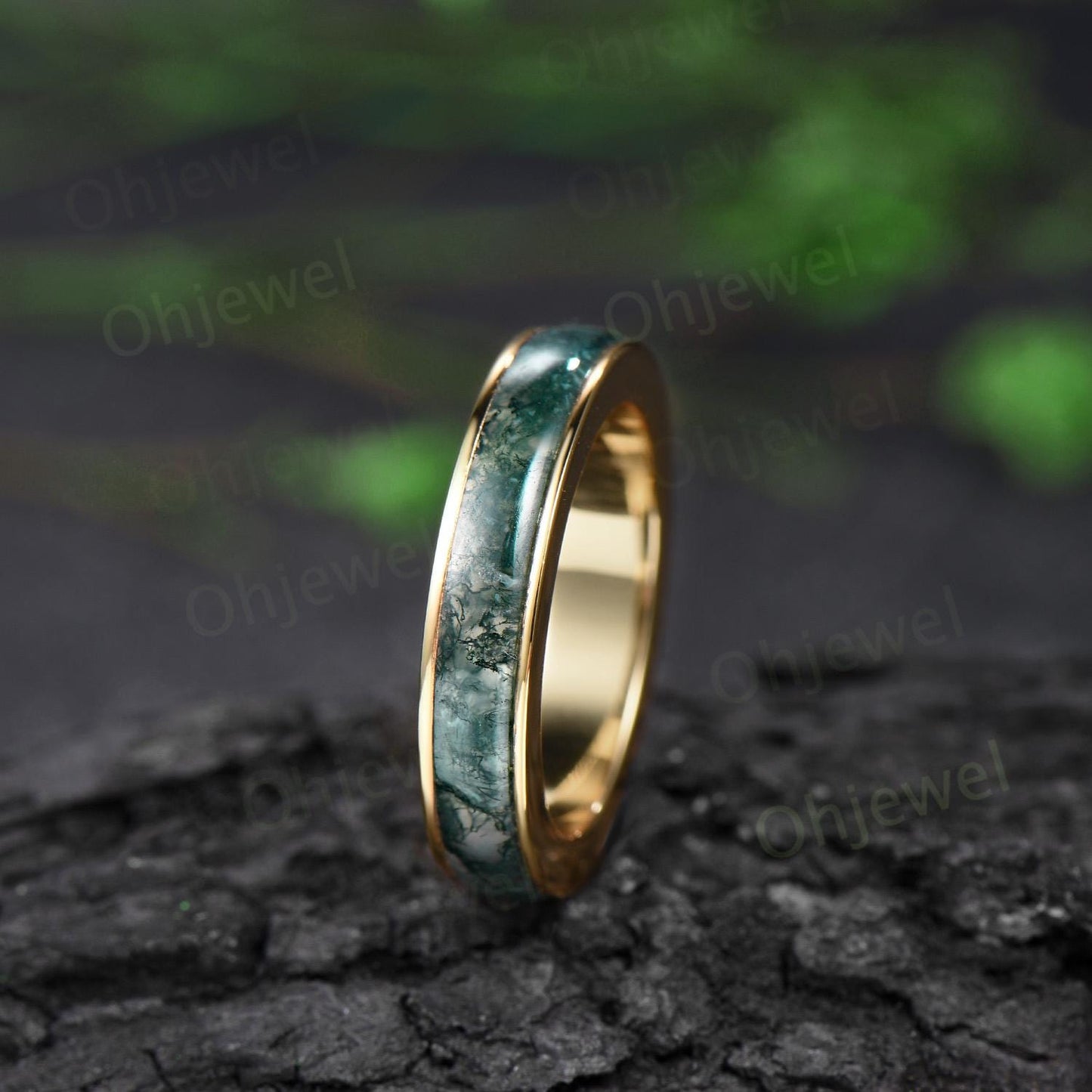 Full eternity natural moss agate wedding band mens solid 10k 14k yellow gold ring unique engagement promise ring for husband