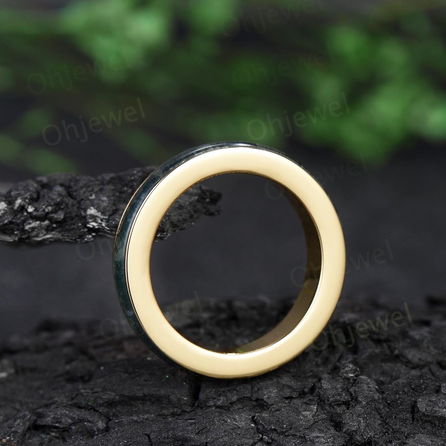 Full eternity natural moss agate wedding band mens solid 10k 14k yellow gold ring unique engagement promise ring for husband