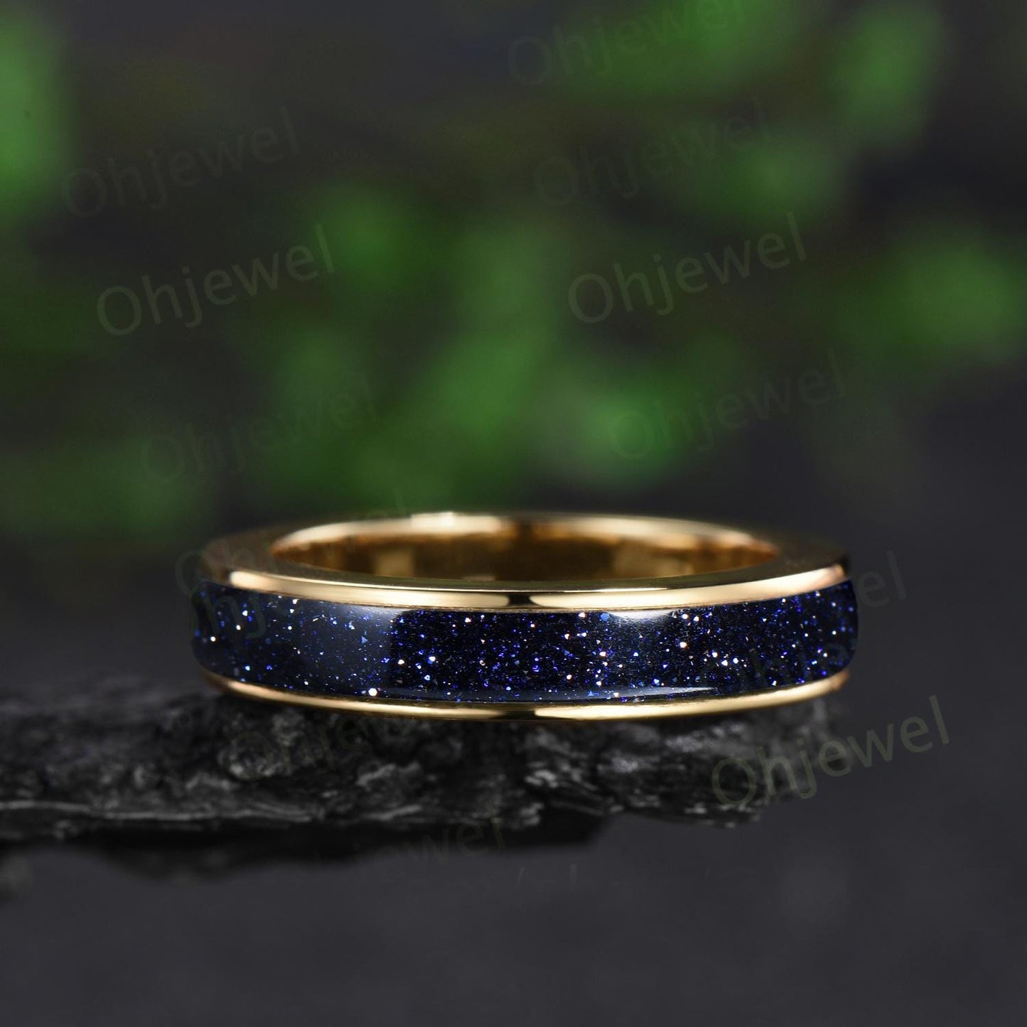 Full eternity blue sandstone wedding band mens solid 10k 14k yellow gold ring blue goldstone unique engagement bridal ring for husband