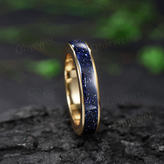 Full eternity blue sandstone wedding band mens solid 10k 14k yellow gold ring blue goldstone unique engagement bridal ring for husband