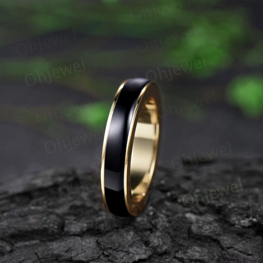 Full eternity black onyx wedding band mens solid 10k 14k yellow gold ring unique engagement bridal ring for husband black gemstone ring
