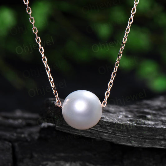 9mm Freshwater pearl necklace 14k rose gold simple natural pearl necklace June birthstone pendant anniversary gift for women mother