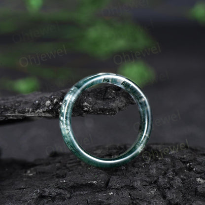 Green moss agate wedding band mens natural moss agate ring band jewelry anniversary gift for him her unique engagement ring women