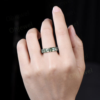 Green moss agate wedding band mens natural moss agate ring band jewelry anniversary gift for him her unique engagement ring women