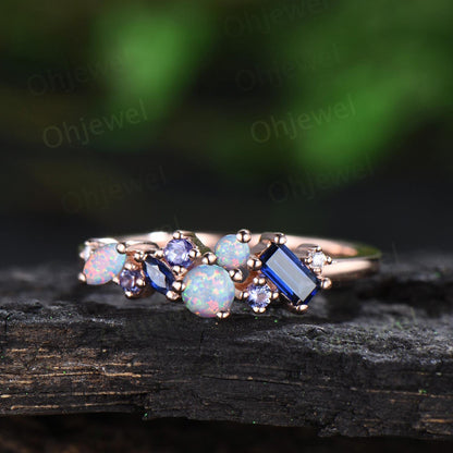 Dainty round white opal ring cluster Baguette sapphire ring natural tanzanite ring women solid 14k rose gold anniversary wedding ring gift