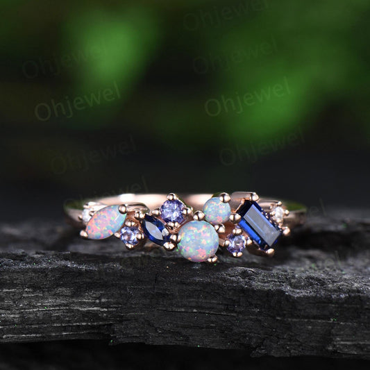 Dainty round white opal ring cluster Baguette sapphire ring natural tanzanite ring women solid 14k rose gold anniversary wedding ring gift