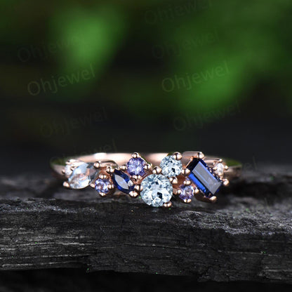 Round Aquamarine ring vintage rose gold Baguette sapphire ring dainty tanzanite ring unique wedding ring band women gift for her silver