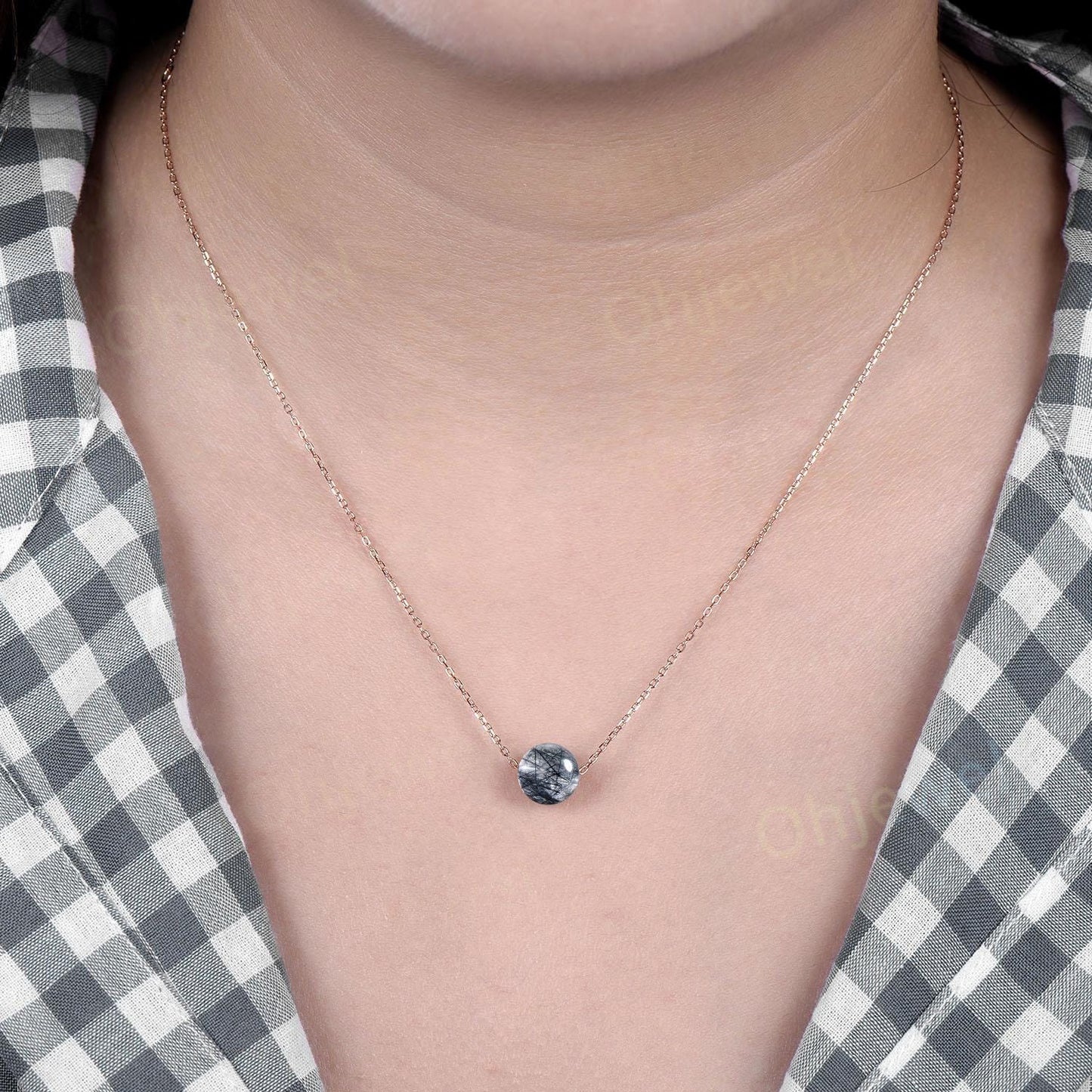 9mm sphere black rutilated quartz necklace solid 14k rose gold chain Ethiopian roundels beads pendant women anniversary gift for her silver