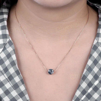 9mm sphere black rutilated quartz necklace solid 14k rose gold chain Ethiopian roundels beads pendant women anniversary gift for her silver