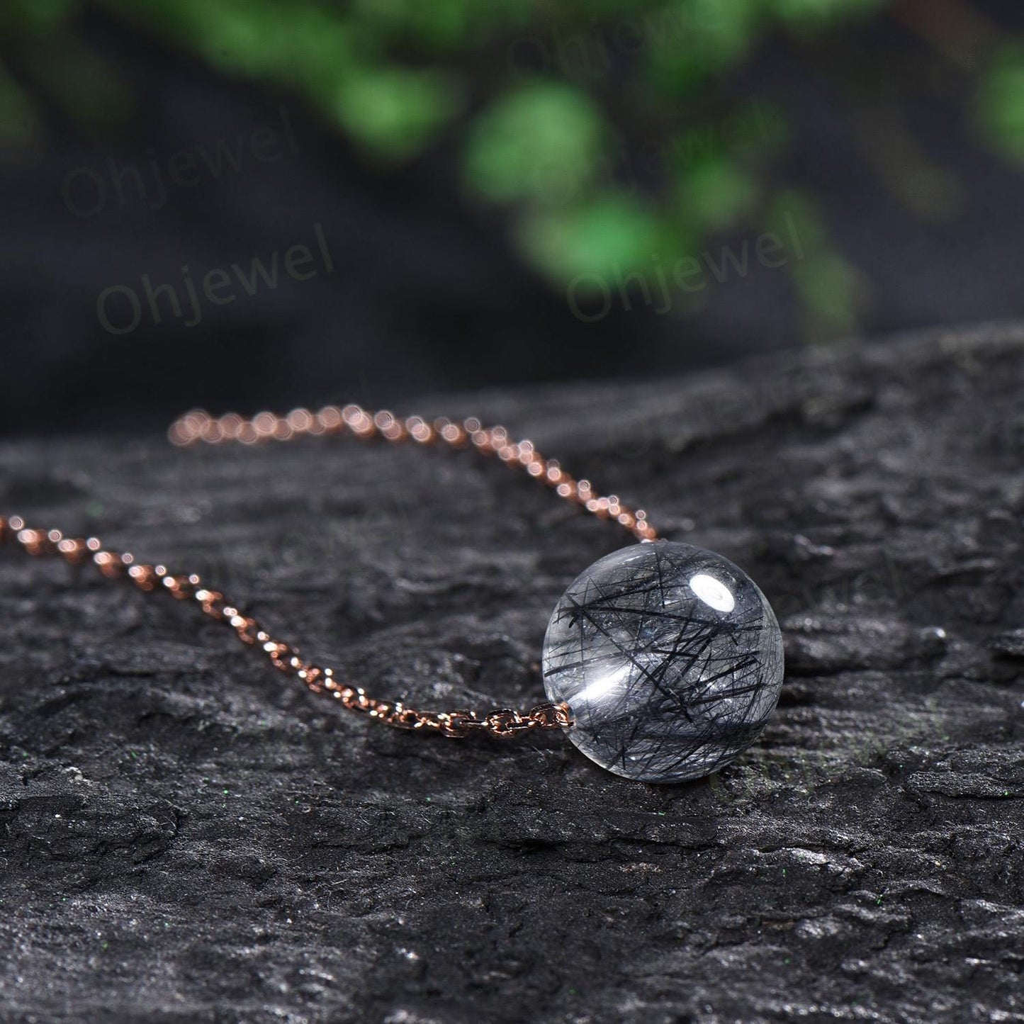 9mm sphere black rutilated quartz necklace solid 14k rose gold chain Ethiopian roundels beads pendant women anniversary gift for her silver