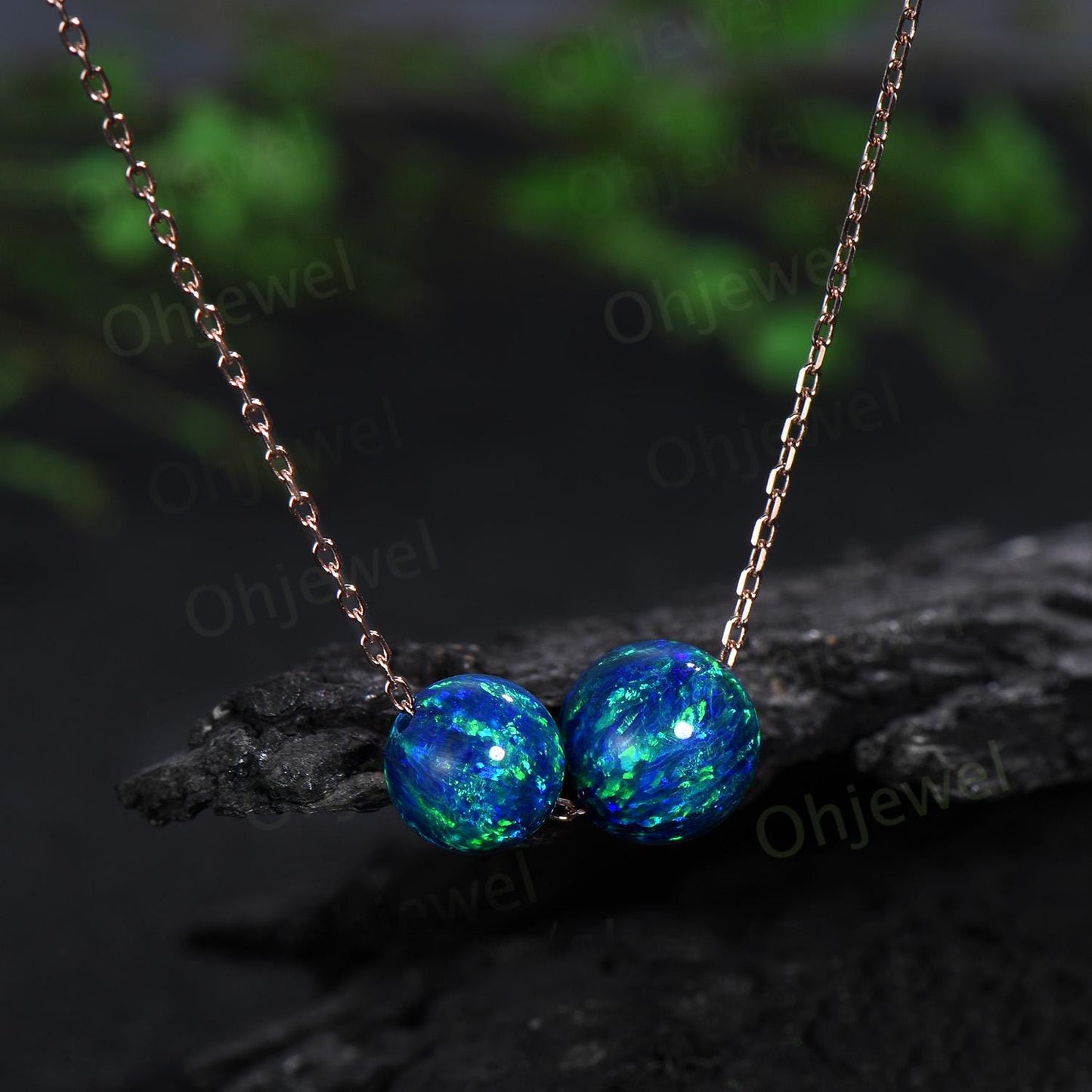Two stone sphere black opal necklace solid 14k rose gold chain Ethiopian blue opal roundels beads Toi et Moi pendant women gift for her