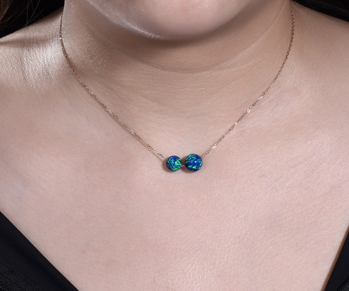Two stone sphere black opal necklace solid 14k rose gold chain Ethiopian blue opal roundels beads Toi et Moi pendant women gift for her