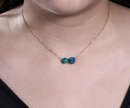Two stone sphere black opal necklace solid 14k rose gold chain Ethiopian blue opal roundels beads Toi et Moi pendant women gift for her