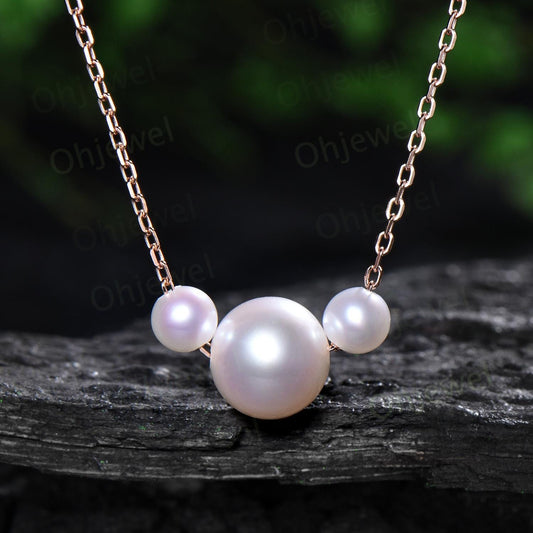 Three stone freshwater pearl necklace 14k rose gold Simple natural pearl necklace June birthstone pendant anniversary gift for women mother