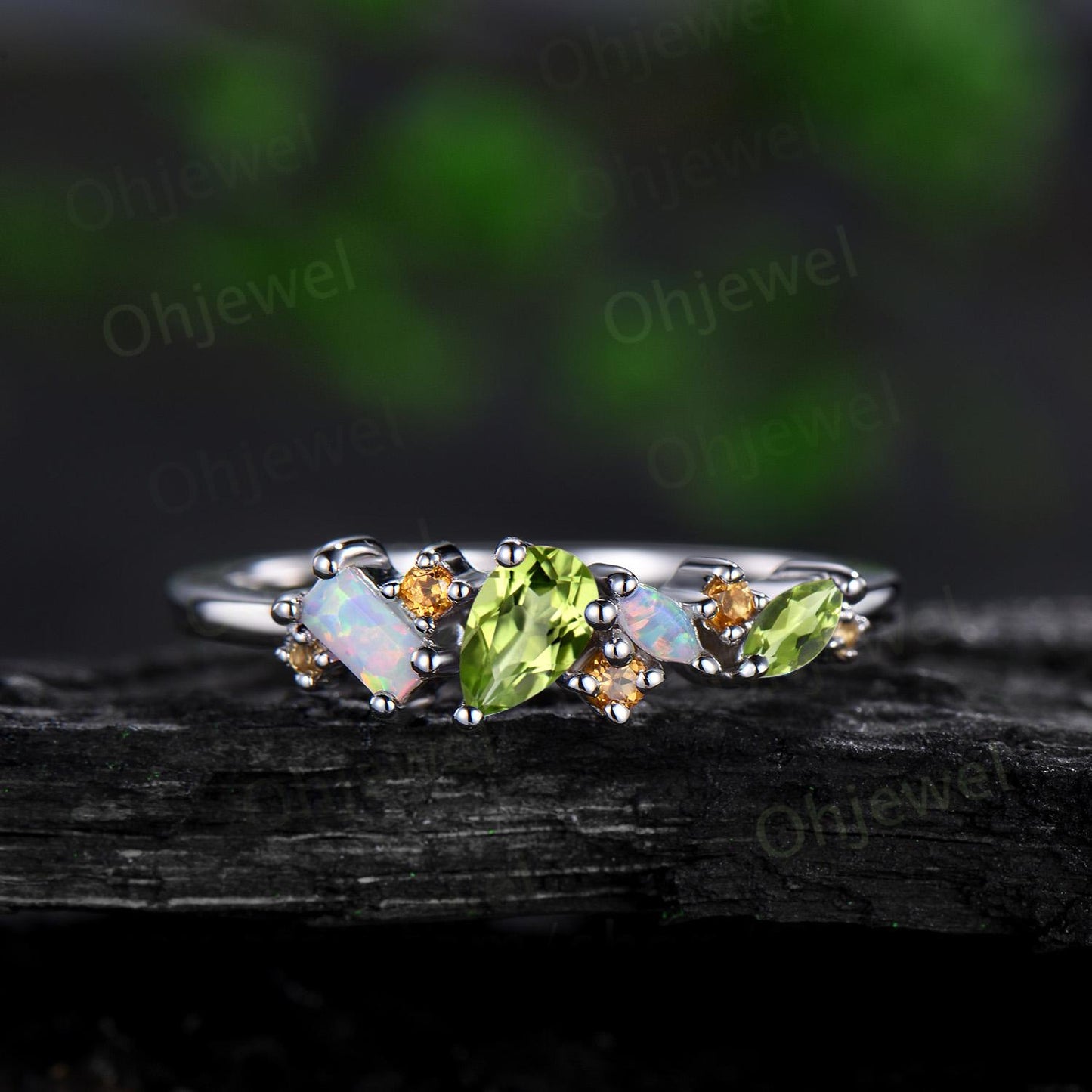 Cluster pear peridot ring art deco Baguette opal ring dainty citrine ring women solid 14k white gold anniversary wedding ring band gift