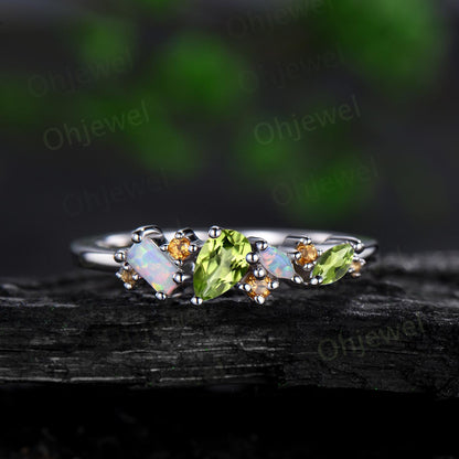 Cluster pear peridot ring art deco Baguette opal ring dainty citrine ring women solid 14k white gold anniversary wedding ring band gift