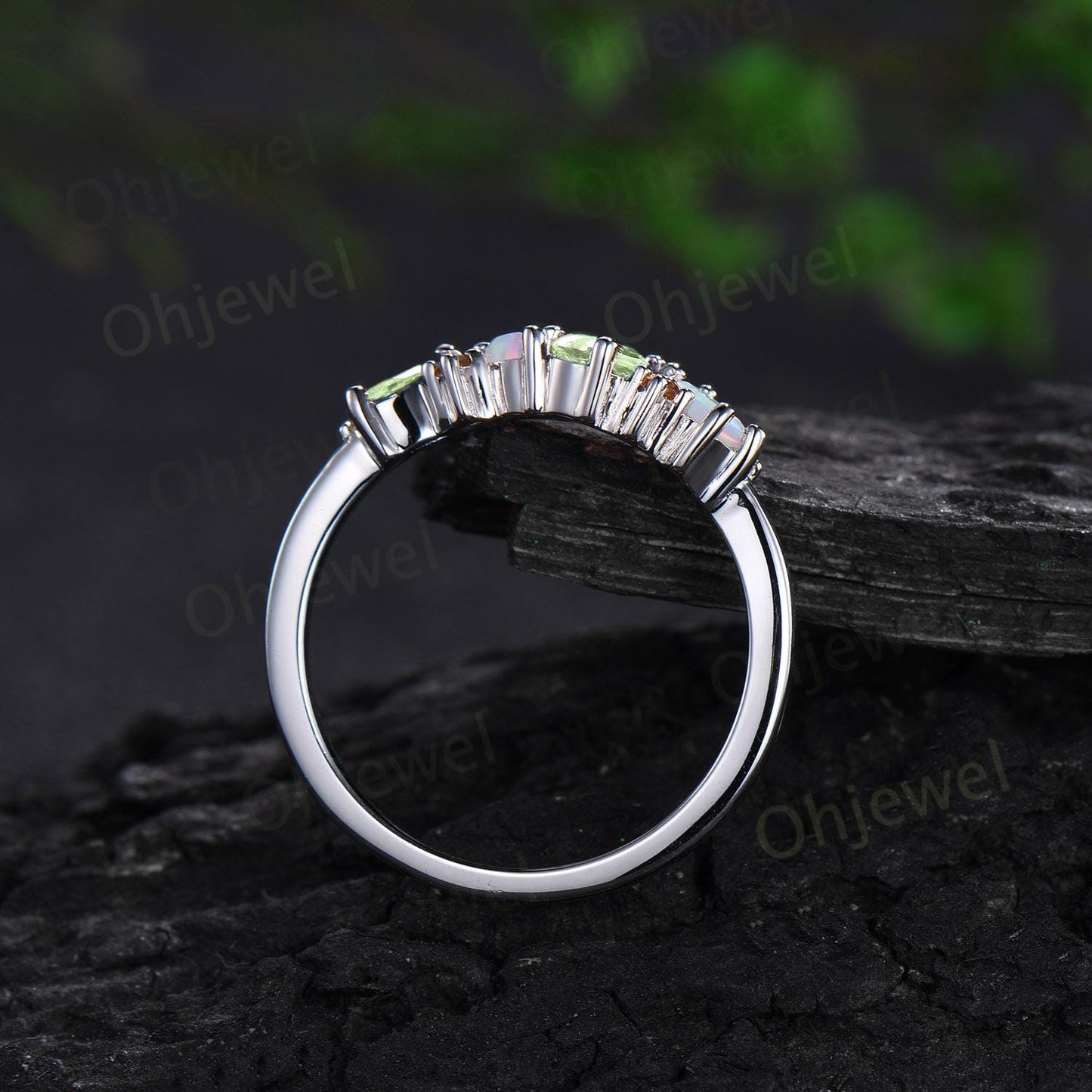 Cluster pear peridot ring art deco Baguette opal ring dainty citrine ring women solid 14k white gold anniversary wedding ring band gift