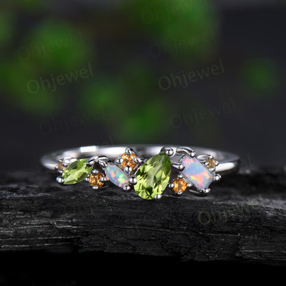 Cluster pear peridot ring art deco Baguette opal ring dainty citrine ring women solid 14k white gold anniversary wedding ring band gift