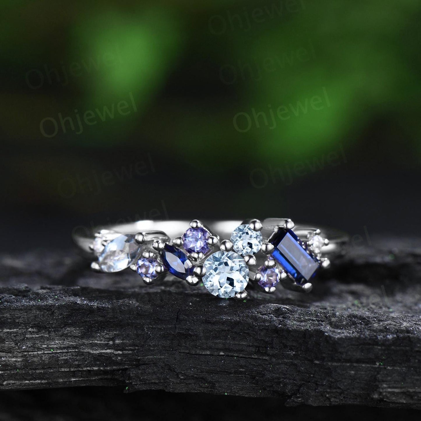 Round Aquamarine ring vintage rose gold Baguette sapphire ring dainty tanzanite ring unique wedding ring band women gift for her silver