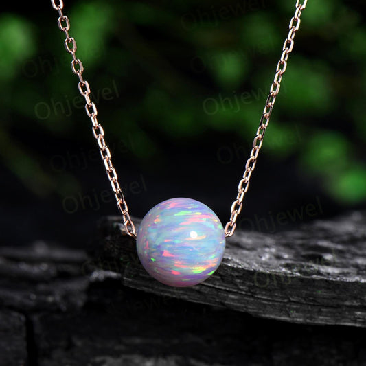 9mm sphere white opal necklace solid 14k rose gold chain Ethiopian opal roundels beads pendant women anniversary gift for her silver