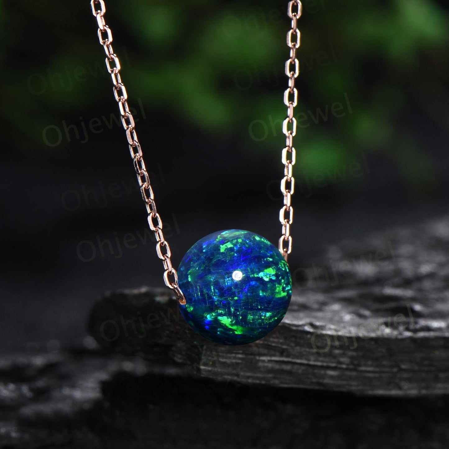 9mm sphere black opal necklace solid 14k rose gold chain Ethiopian blue opal roundels beads pendant women anniversary gift for her silver
