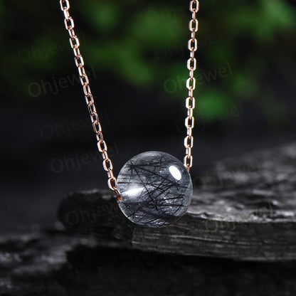 9mm sphere black rutilated quartz necklace solid 14k rose gold chain Ethiopian roundels beads pendant women anniversary gift for her silver